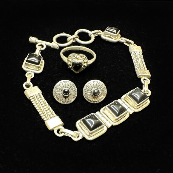 Sterling Silver & Onyx Bracelet + Earrings Set w/ Bonus Ring & Bags - Picture 1 of 15